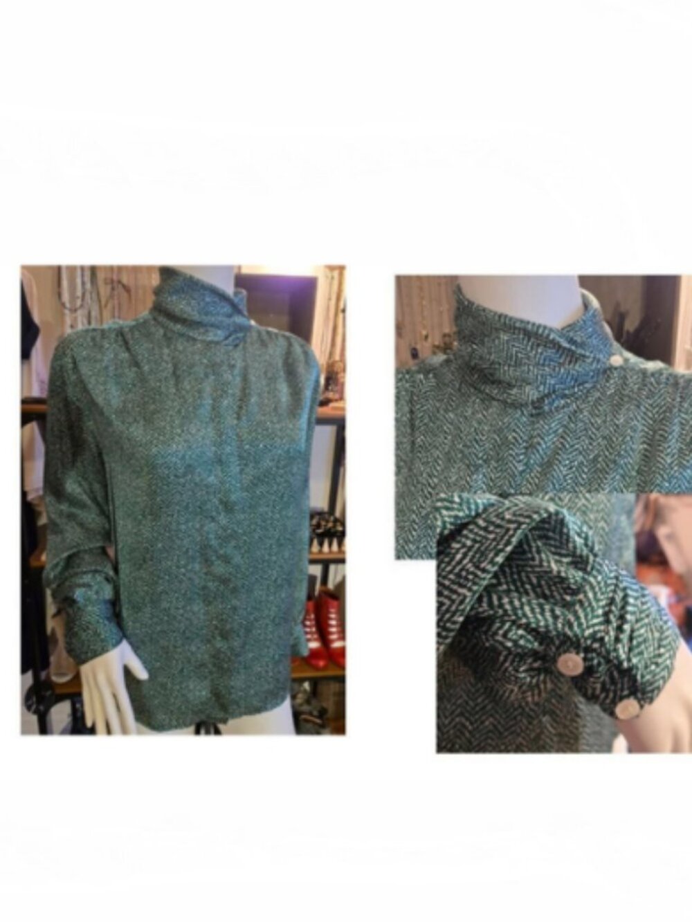 Vintage Satin Green Printed Blouse size Large 12